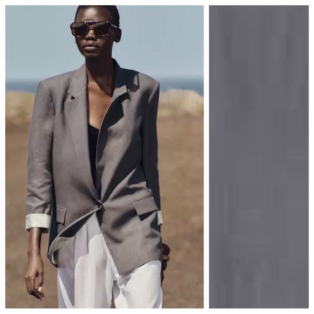 NWT. Zara Grey Linen Blend Cuffed Blazer.` Size L.